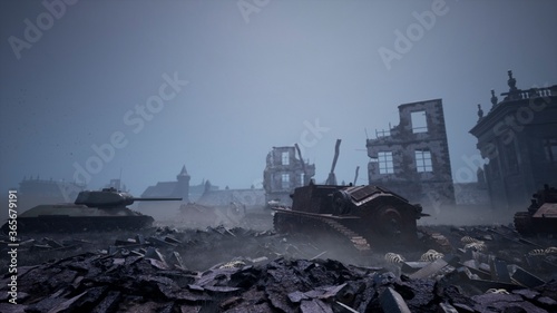 Photography Military tanks from the second world war lie smashed on the battlefield next to human remains and the ruins of houses