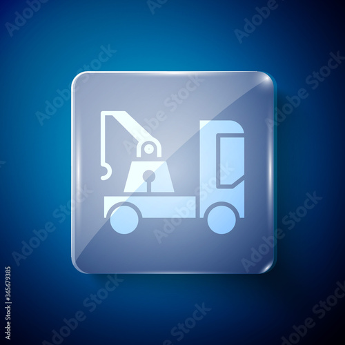 White Tow truck icon isolated on blue background. Square glass panels. Vector Illustration.