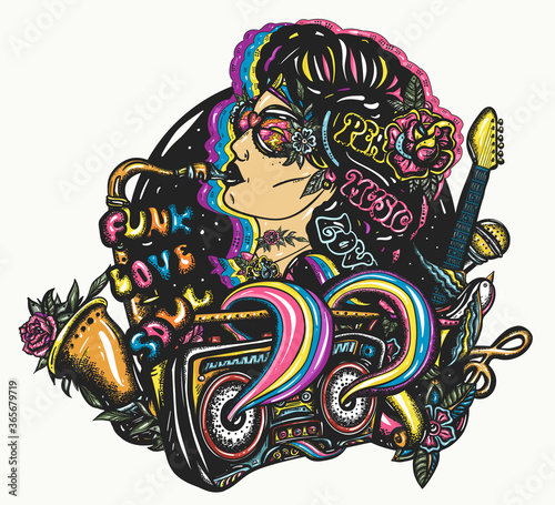 Retro music lifestyle. Jazz, funk, soul, disco. Karaoke concept. American hippie woman. Musical girl, saxophone, guitar and retro rainbow boom box. Tattoo and t-shirt design