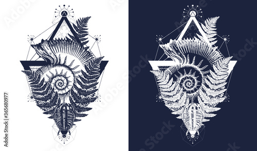 Nautilus shell prehistoric tattoo art. Ancient ammonite in the triangle t-shirt design. Ancient fossils, symbol of paleontology, science, education. Trilobites and fern. Black and white vector graphic