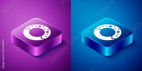 Isometric Donut with sweet glaze icon isolated on blue and purple background. Square button. Vector Illustration.