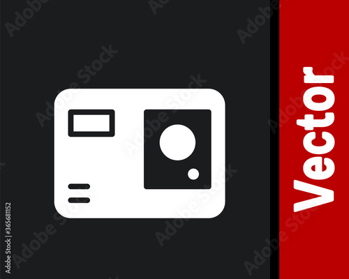 White Action extreme camera icon isolated on black background. Video camera equipment for filming extreme sports. Vector Illustration.