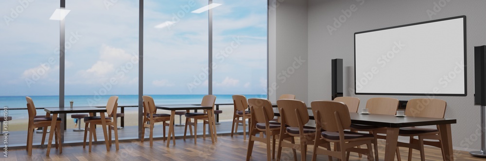 Black coffee in a white mug on a marble patterned table. The coffee shop or restaurant has a balcony overlooking the beach. Sea and beach view Blue sea and clear sky. 3D Rendering Black coffee in a white mug on a marble patterned table. The coffee shop or restaurant has a balcony overlooking the beach. Sea and beach view Blue sea and clear sky. 3D Rendering