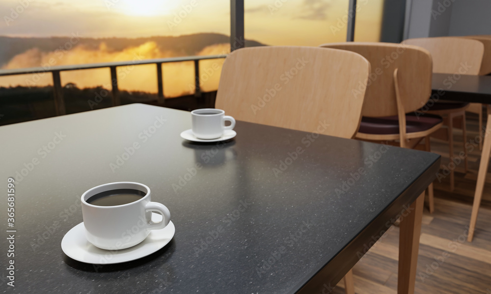 Obraz premium Restaurant or coffee shop. The scenery outside is foggy mountains and sunshine in the morning. A white coffee mug. Marble table top decorated with wooden chairs, floor covered with parquet.3DRendering