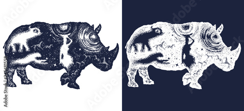 Rhinoceros tattoo art. Symbol Africa, savannah, travel. Rhino double exposure t-shirt design. Black and white vector graphics