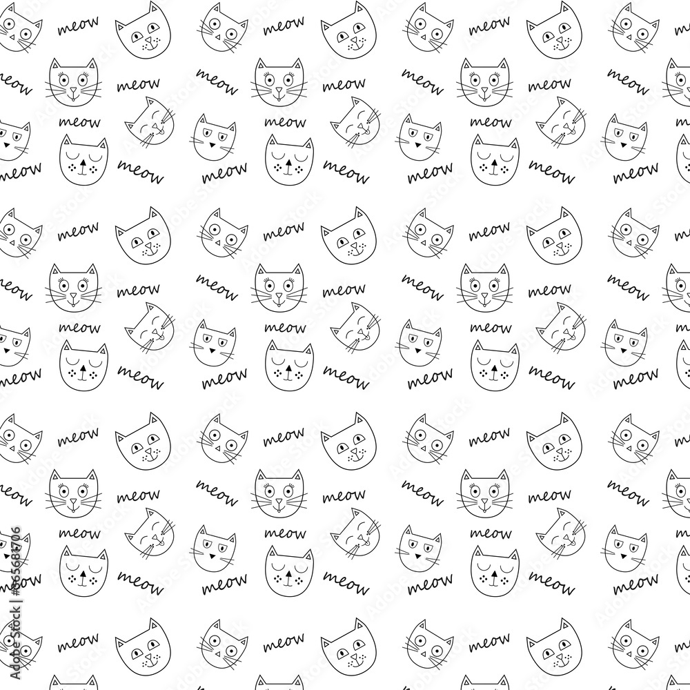 Seamless pattern of characters of cat faces with different emotions doodle set vector illustration collection
