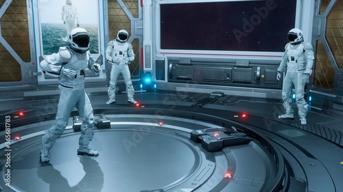 Fototapeta Naklejka Na Ścianę i Meble -  Astronauts relax and have fun on their spaceship. The concept is for fantastic, the futuristic or space travel backgrounds. 3D Rendering