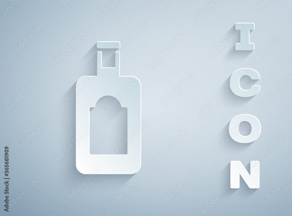 Paper cut Whiskey bottle icon isolated on grey background. Paper art style. Vector Illustration. Paper cut Whiskey bottle icon isolated on grey background. Paper art style. Vector Illustration.