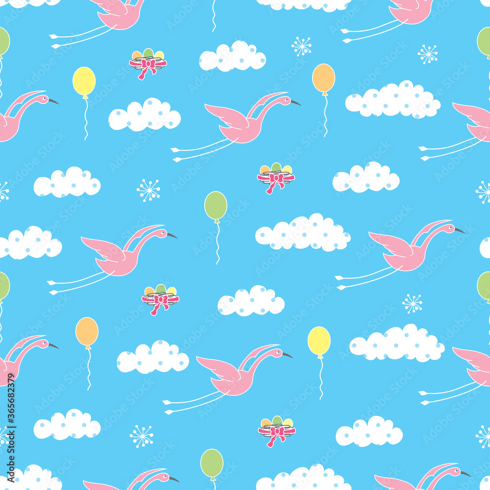 Flying storks, clutch and balloons in the sky. Seamless pattern for newborn baby Flying storks, clutch and balloons in the sky. Seamless pattern for newborn baby