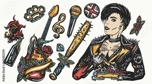 Punk music set. Old school color tattoo collection. Punker with mohawk hairstyle, rock woman, guitarist girl. Hooligans lifestyle. Electric guitar. Anarchy art. Vector graphics