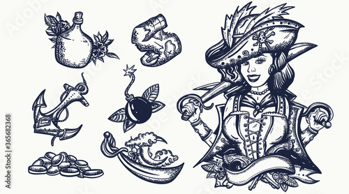 Pirate. Old school tattoo vector collection. Captain, sea wolf girl filibuster, compass, anchor, rum, treasure island, swallows. Sea adventure vector elements. Traditional tattooing style