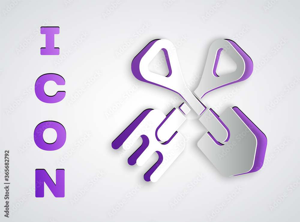 Paper cut Shovel and rake icon isolated on grey background. Tool for horticulture, agriculture, gardening, farming. Ground cultivator. Paper art style. Vector Illustration.
