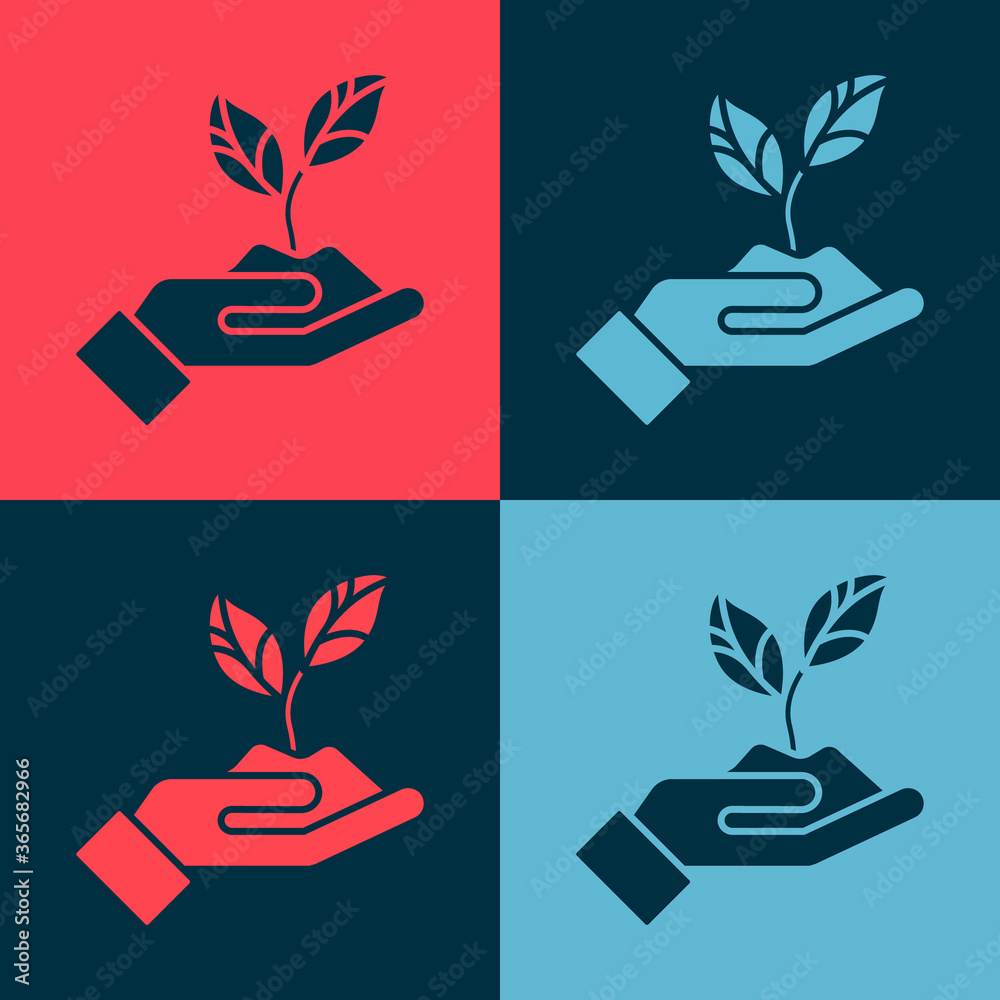 Pop art Plant in hand of environmental protection icon isolated on color background. Seed and seedling. Planting sapling. Vector Illustration. Pop art Plant in hand of environmental protection icon isolated on color background. Seed and seedling. Planting sapling. Vector Illustration.