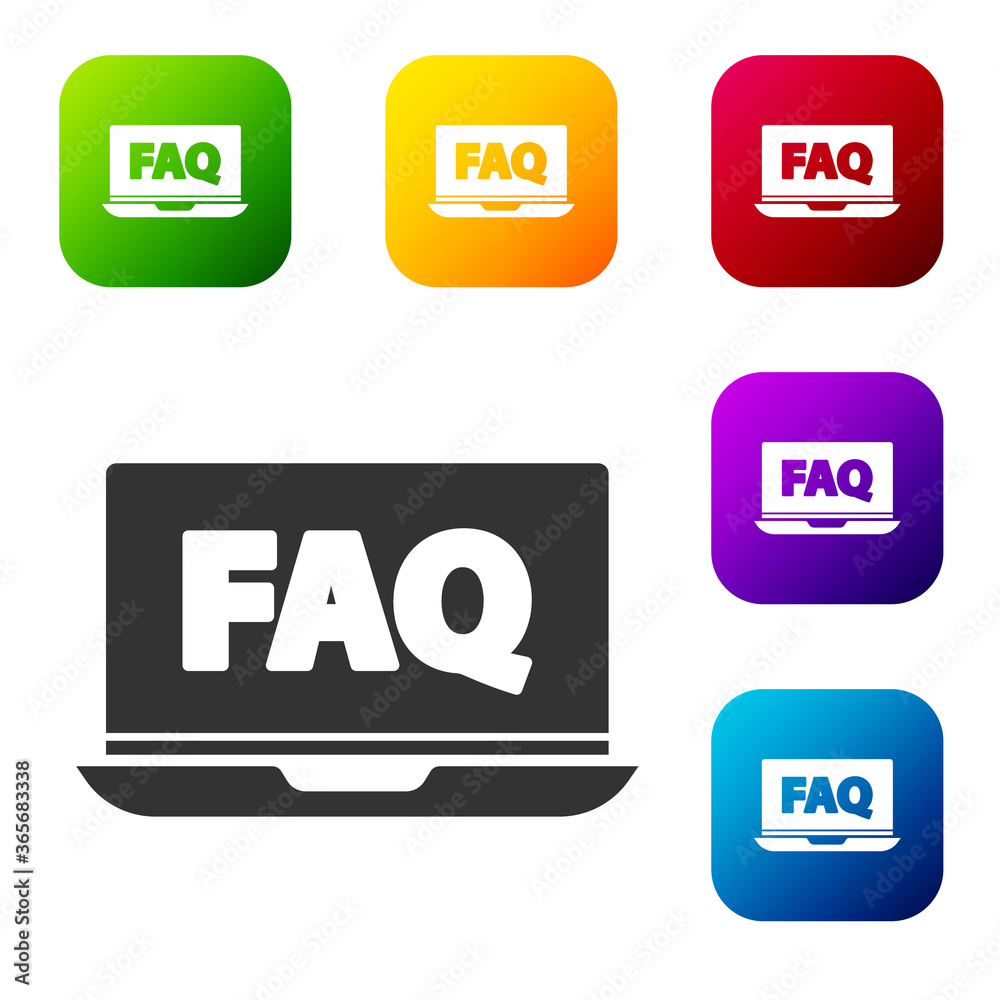 Black Laptop and FAQ icon isolated on white background. Adjusting, service, setting, maintenance, repair, fixing. Set icons in color square buttons. Vector Illustration. Black Laptop and FAQ icon isolated on white background. Adjusting, service, setting, maintenance, repair, fixing. Set icons in color square buttons. Vector Illustration.