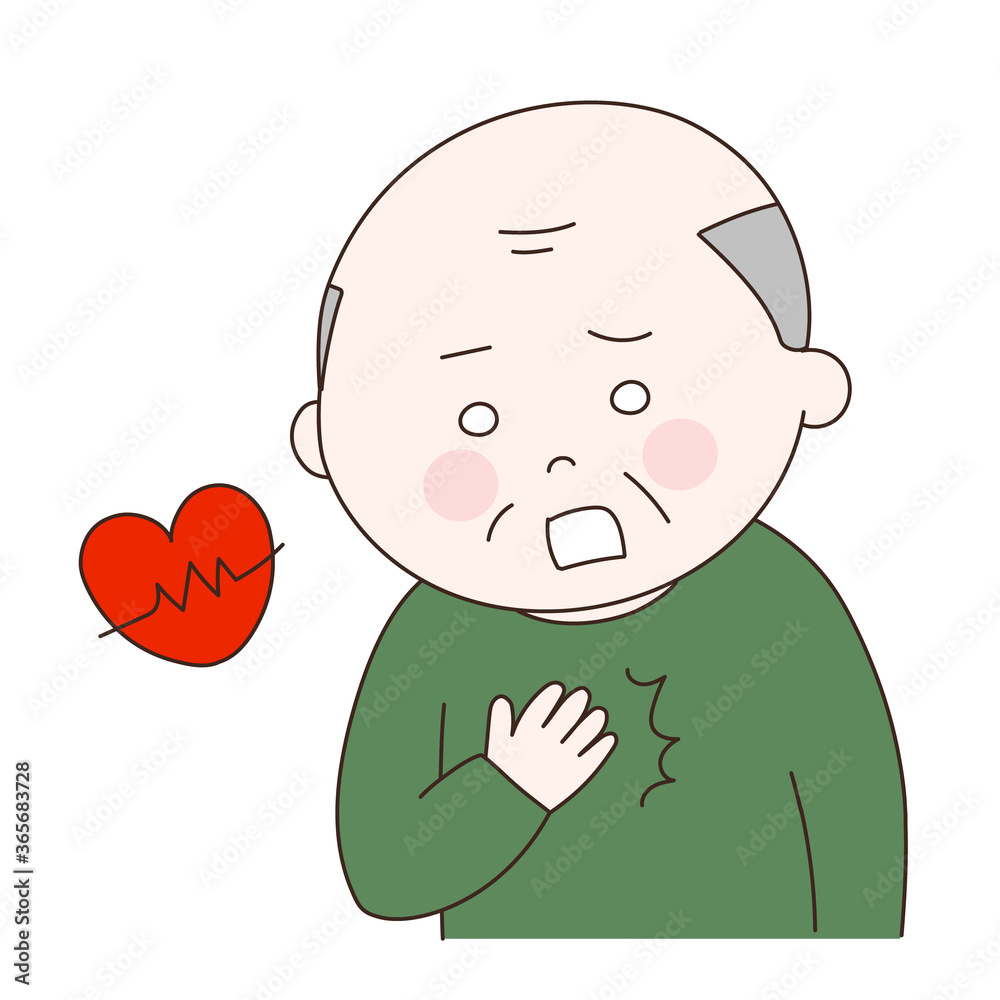 Elderly man suffering from heart disease. Vector illustration isolated on white background. Elderly man suffering from heart disease. Vector illustration isolated on white background.