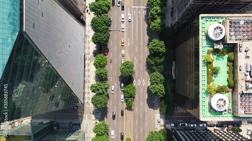 a drone shot in downtown