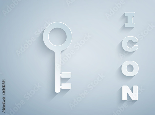 Paper cut House key icon isolated on grey background. Paper art style. Vector Illustration.