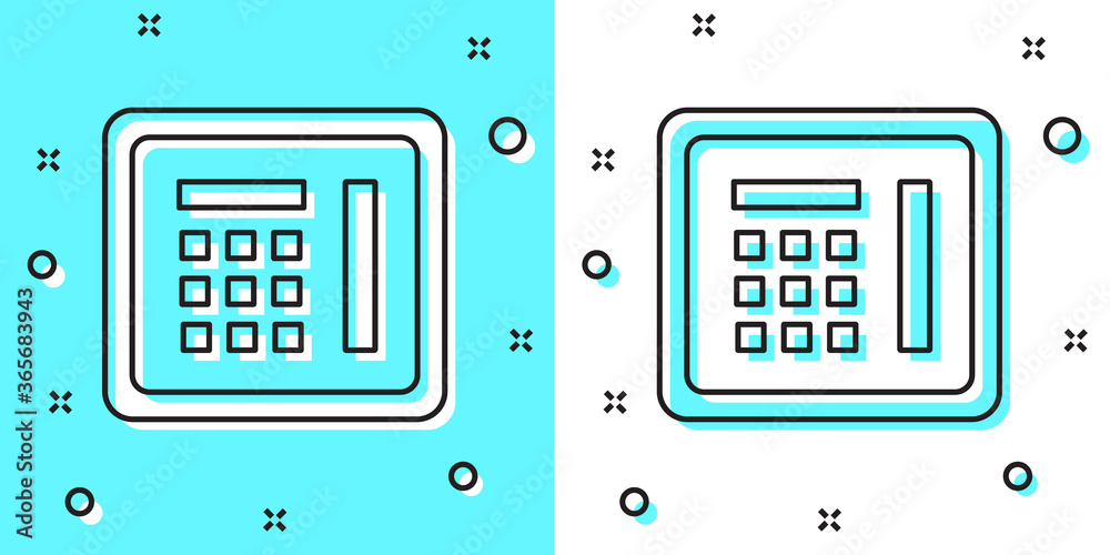 Black line Safe icon isolated on green and white background. The door safe a bank vault with a combination lock. Reliable Data Protection. Random dynamic shapes. Vector Illustration. Black line Safe icon isolated on green and white background. The door safe a bank vault with a combination lock. Reliable Data Protection. Random dynamic shapes. Vector Illustration.