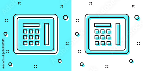 Black line Safe icon isolated on green and white background. The door safe a bank vault with a combination lock. Reliable Data Protection. Random dynamic shapes. Vector Illustration.