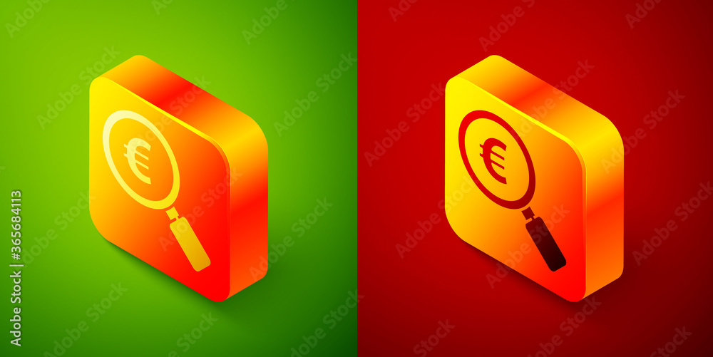 Isometric Magnifying glass and euro symbol icon isolated on green and red background. Find money. Looking for money. Square button. Vector Illustration. Isometric Magnifying glass and euro symbol icon isolated on green and red background. Find money. Looking for money. Square button. Vector Illustration.