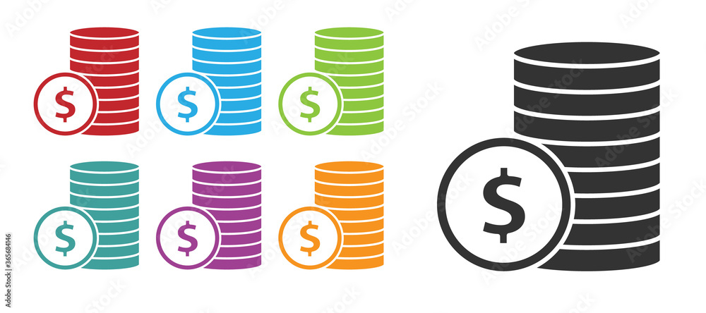 Black Coin money with dollar symbol icon isolated on white background. Banking currency sign. Cash symbol. Set icons colorful. Vector Illustration. Black Coin money with dollar symbol icon isolated on white background. Banking currency sign. Cash symbol. Set icons colorful. Vector Illustration.