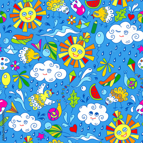 Summer seamless pattern with sun  cloud  water drops  toy  ice cream  watermelon  balloon  pencil  leaves  bird  airplane  kite  snail  ball. Cartoon background for children in bright colors 
