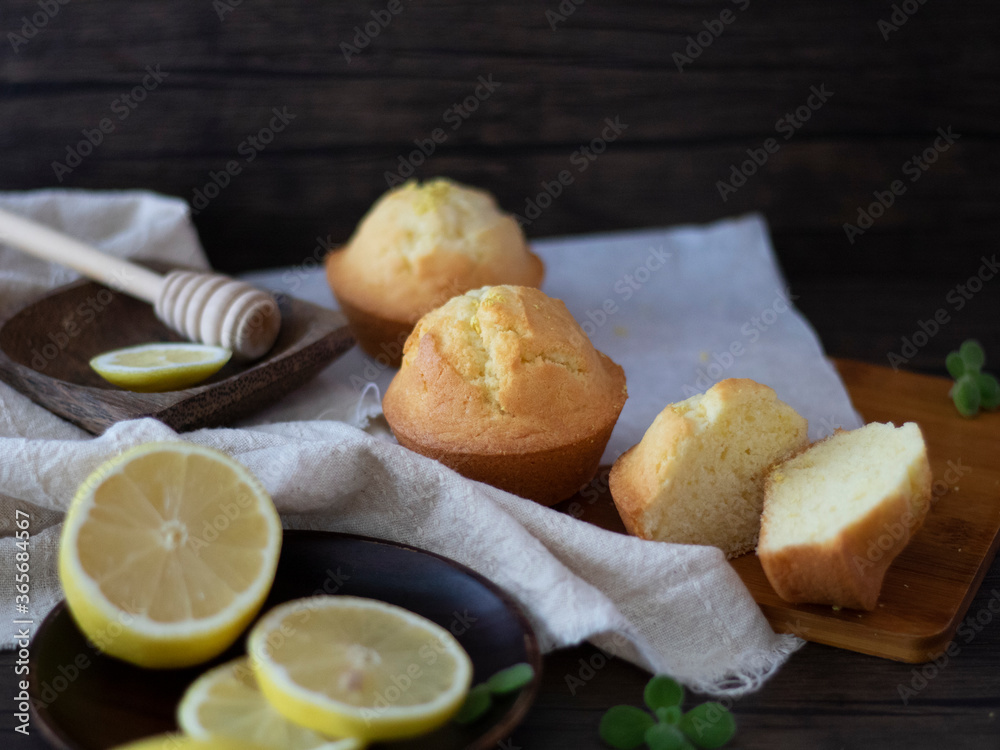 Lemon Muffins on Black Table with Copy Space. Lemon Cup Cakes Rustic Shot. Lemon Muffins Flatlay.