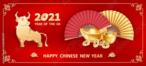 Metal ox is a symbol of the 2021 Chinese New Year. Horizontal banner with realistic gold ingots Yuan Bao, coins and hand fans on red background. The wish of wealth, monetary luck photo