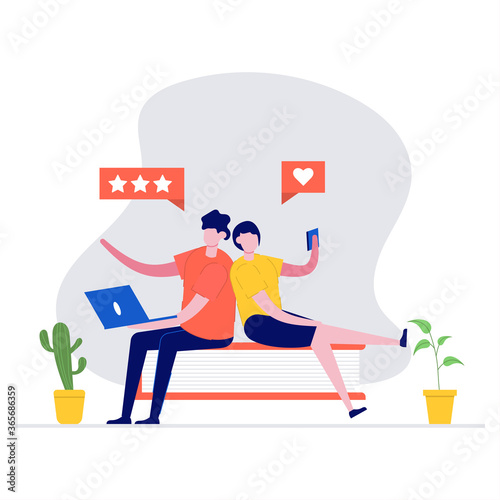 Feedback or rating vector illustration concept with characters. Customer review. Modern vector illustration in flat style for landing page  mobile app  poster  web banner  infographics  hero images