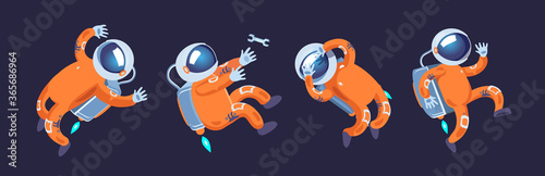 The astronaut in the orange suit in different poses in zero gravity. Vector illustration on a dark background.