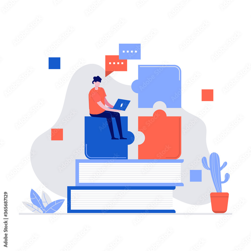 Online training, education vector illustration concept with characters and puzzle. Modern vector illustration in flat style for landing page, mobile app, poster, web banner, infographics, hero images