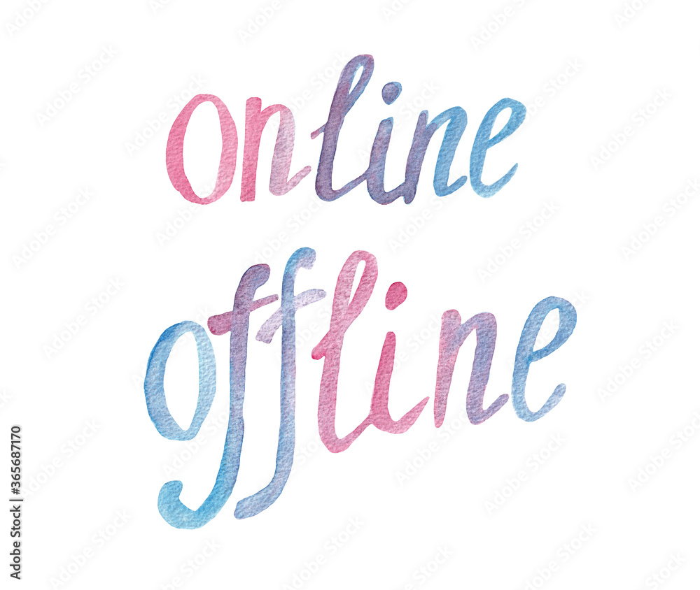 Online and offline - pink with blue watercolor lettering set, isolated on white background Online and offline - pink with blue watercolor lettering set, isolated on white background
