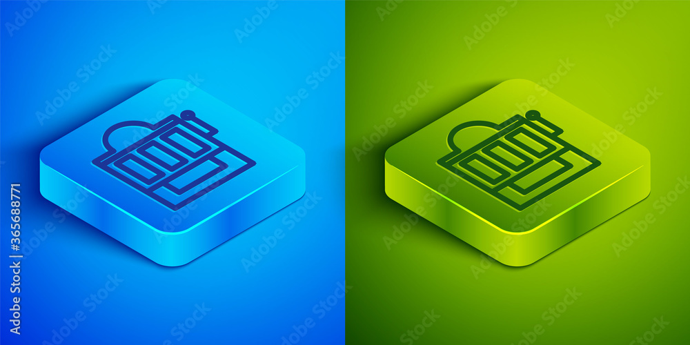 Isometric line Slot machine icon isolated on blue and green background. Square button. Vector Illustration. Isometric line Slot machine icon isolated on blue and green background. Square button. Vector Illustration.