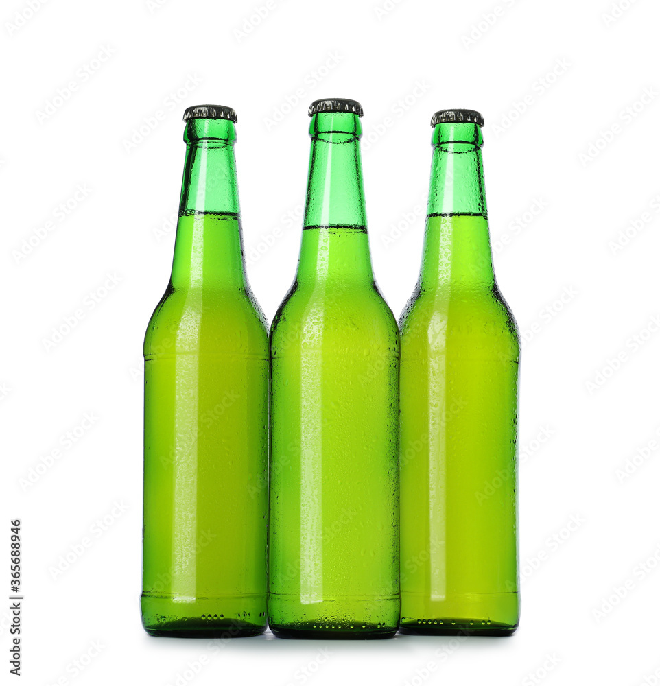 Green bottles with beer isolated on white Green bottles with beer isolated on white