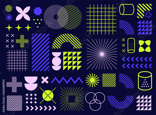 Minimal artwork with different colorful shapes and figures. Neo-memphis mid century modern composition of simple bold forms.