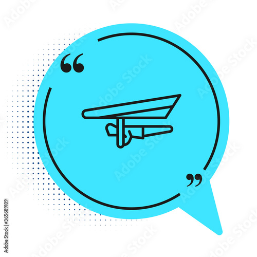 Black line Hang glider icon isolated on white background. Extreme sport. Blue speech bubble symbol. Vector Illustration.