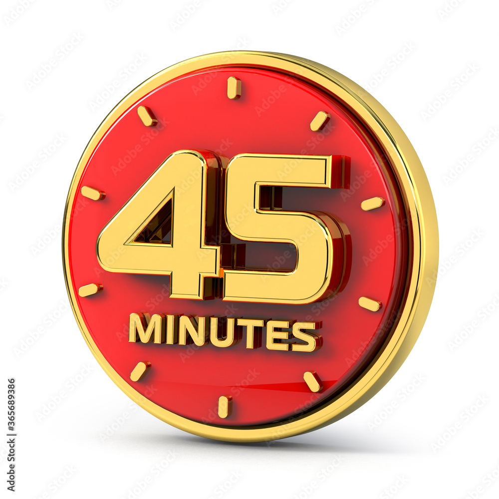 Golden 45 minutes on red background. 45 min gold. 3d illustration. Golden 45 minutes on red background. 45 min gold. 3d illustration.