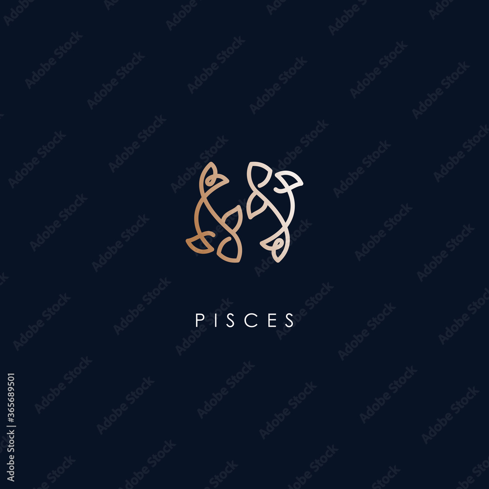 Pisces Zodiac Logo Design With Luxury Gold Colour. Pisces Zodiac Logo Template. Modern Design. Flat Logo. Vector Illustration Pisces Zodiac Logo Design With Luxury Gold Colour. Pisces Zodiac Logo Template. Modern Design. Flat Logo. Vector Illustration