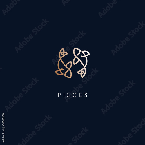 Pisces Zodiac Logo Design With Luxury Gold Colour. Pisces Zodiac Logo Template. Modern Design. Flat Logo. Vector Illustration