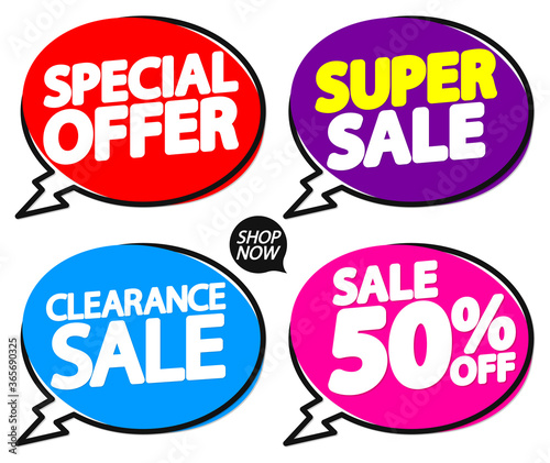 Set Sale speech bubble banners design template, discount tags, vector illustration