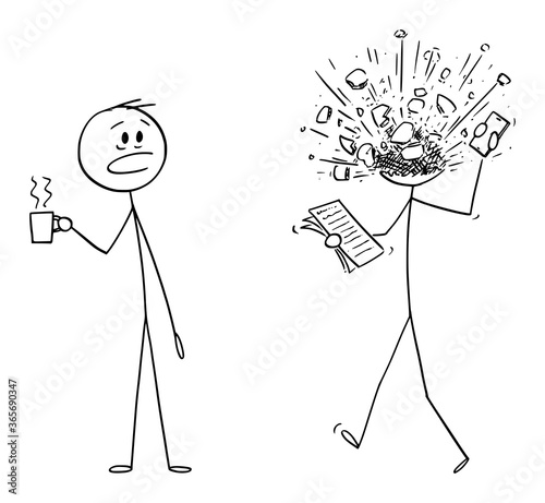 Vector cartoon stick figure drawing conceptual illustration of man, office worker or businessman manager at work. His head exploded from stress or overwork.