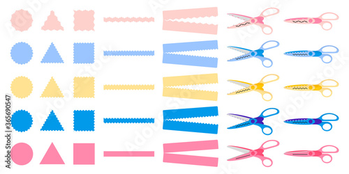 Set of vector cartoon illustrations with different types of decorative edge scissors on white background.