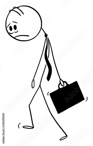 Vector cartoon stick figure drawing conceptual illustration of sad, tire, stressed or depressed man or businessman with case, tie or necktie walking.