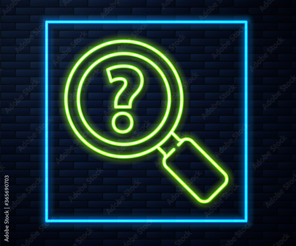 Glowing neon line Unknown search icon isolated on brick wall background. Magnifying glass and question mark. Vector Illustration. Glowing neon line Unknown search icon isolated on brick wall background. Magnifying glass and question mark. Vector Illustration.