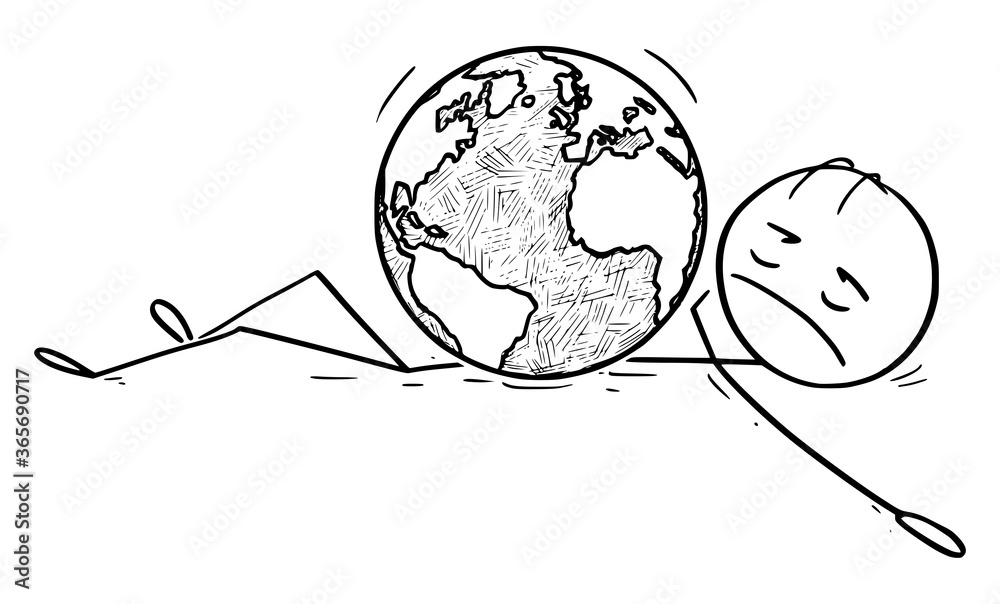 Naklejka Vector cartoon stick figure drawing conceptual illustration of man, person, human being, politician or businessman Lying Dead on Ground Crushed by Earth world globe.