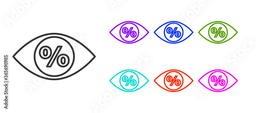 Black line Eye with percent icon isolated on white background. Shopping tag sign. Special offer sign. Discount coupons symbol. Set icons colorful. Vector Illustration.