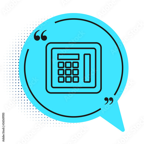 Black line Safe icon isolated on white background. The door safe a bank vault with a combination lock. Reliable Data Protection. Blue speech bubble symbol. Vector Illustration.