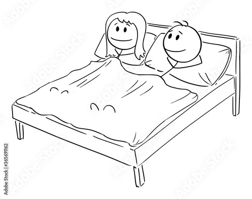 Vector cartoon stick figure drawing conceptual illustration of happy smiling heterosexual couple of woman and man lying together in bed in bedroom.