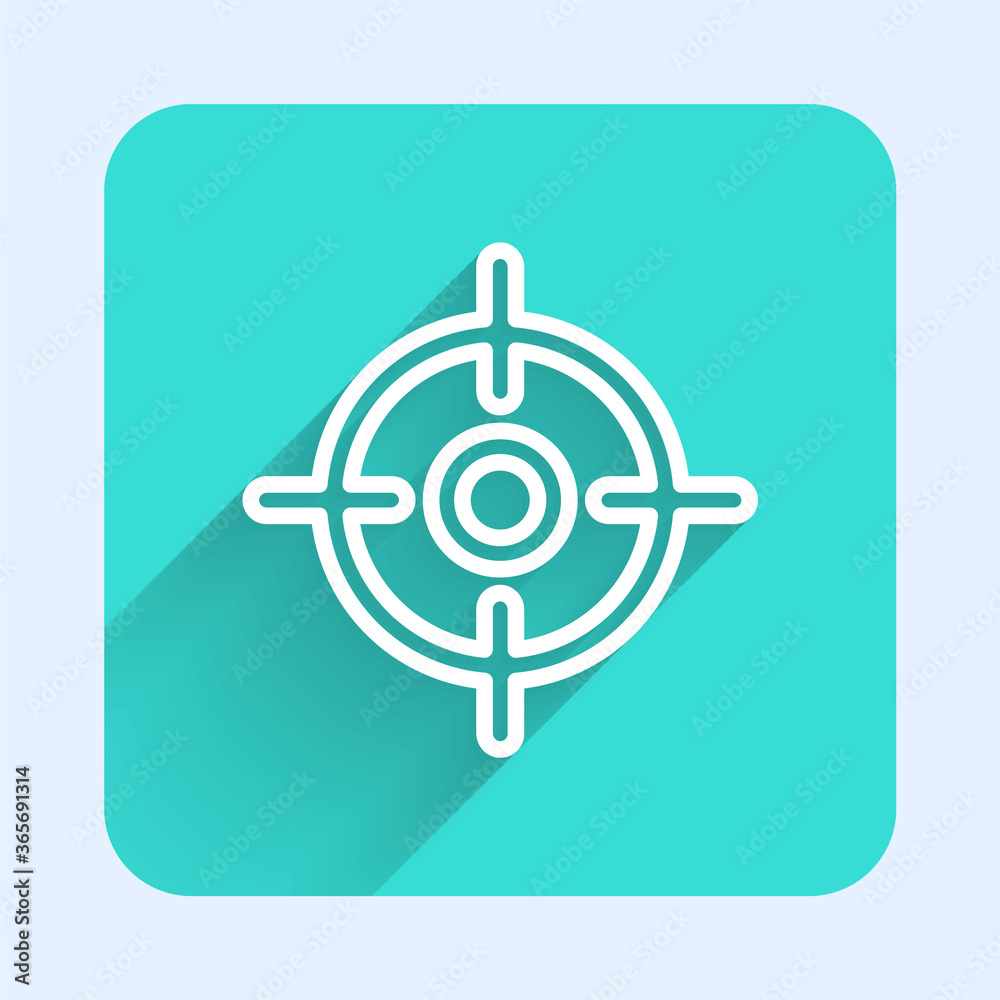 White line Target sport icon isolated with long shadow. Clean target with numbers for shooting range or shooting. Green square button. Vector Illustration. White line Target sport icon isolated with long shadow. Clean target with numbers for shooting range or shooting. Green square button. Vector Illustration.