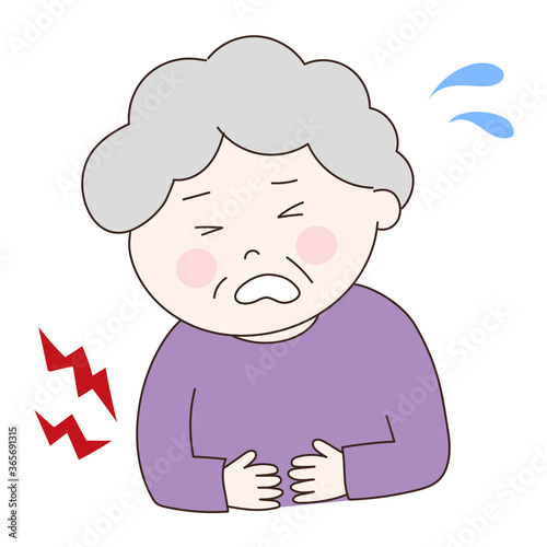 Elderly woman getting a stomach ache. Vector illustration isolated on white background.